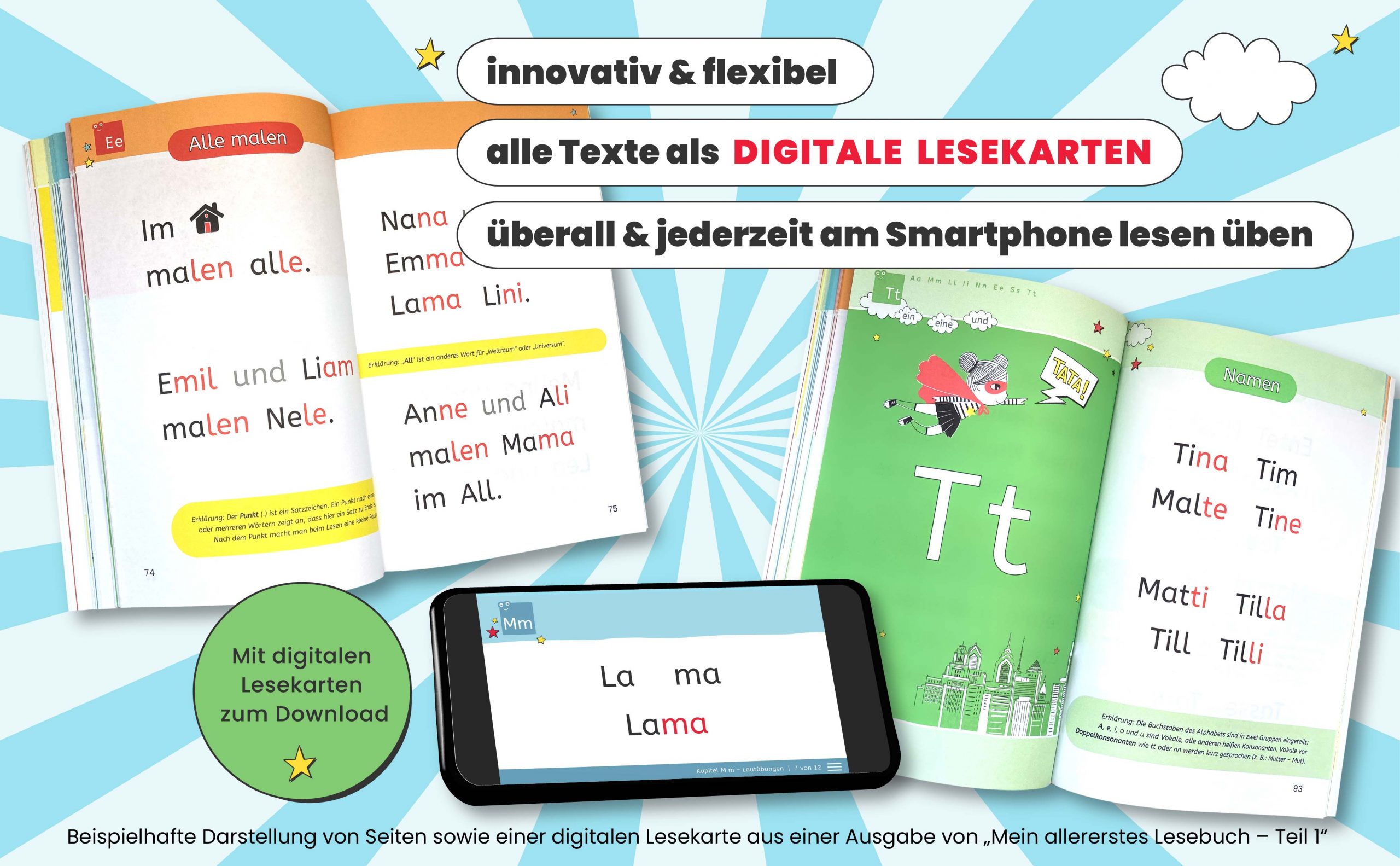 "Mein allererstes Lesebuch" ist innovativ & flexibel, denn es enthält alle Texte als digitale Lesekarten. So kann man überall und jederzeit am Smartphone lesen üben.<br>Mein allererstes Lesebuch – Mit digitalen Lesekarten zum Download!