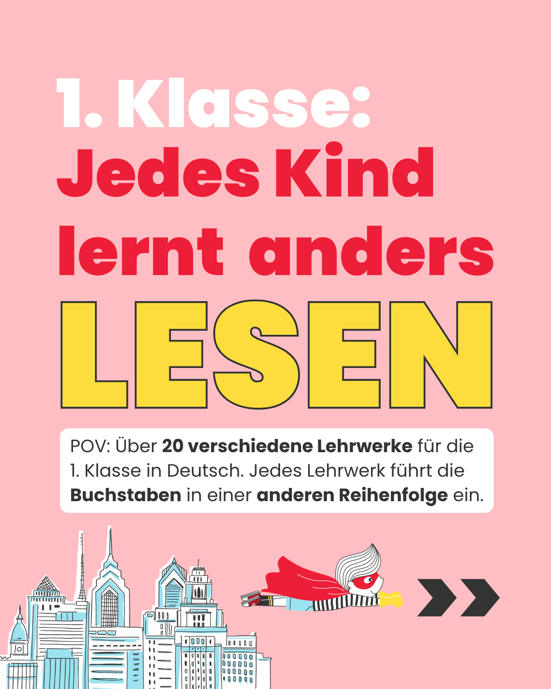 Jedes Kind lernt anders lesen. POV: In Deutschland sind mehr als 20 Deutsch-Lehrwerke für die 1. Klasse zugelassen und jedes vermittelt die Buchstaben in einer anderen Reihenfolge.